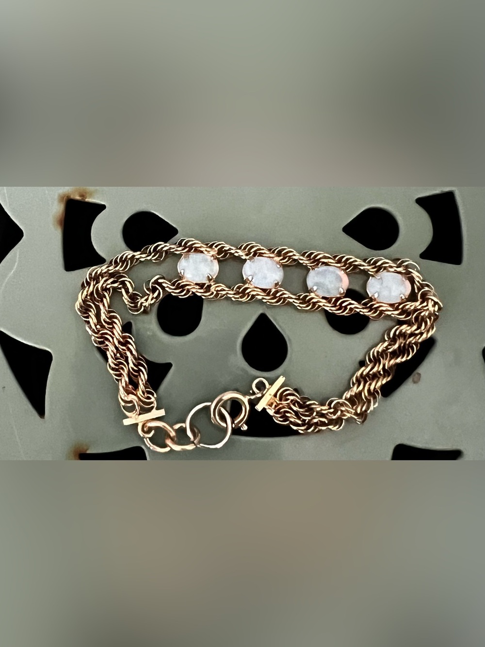 Vintage 12k Gold Filled Opal Double Rope Chain Bracelet 7”